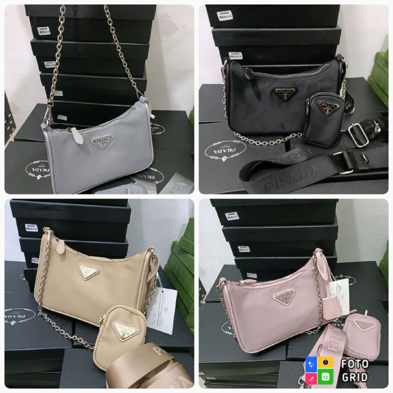 tas fashion Prada Hobo nylon, Prada nilon parasut free box