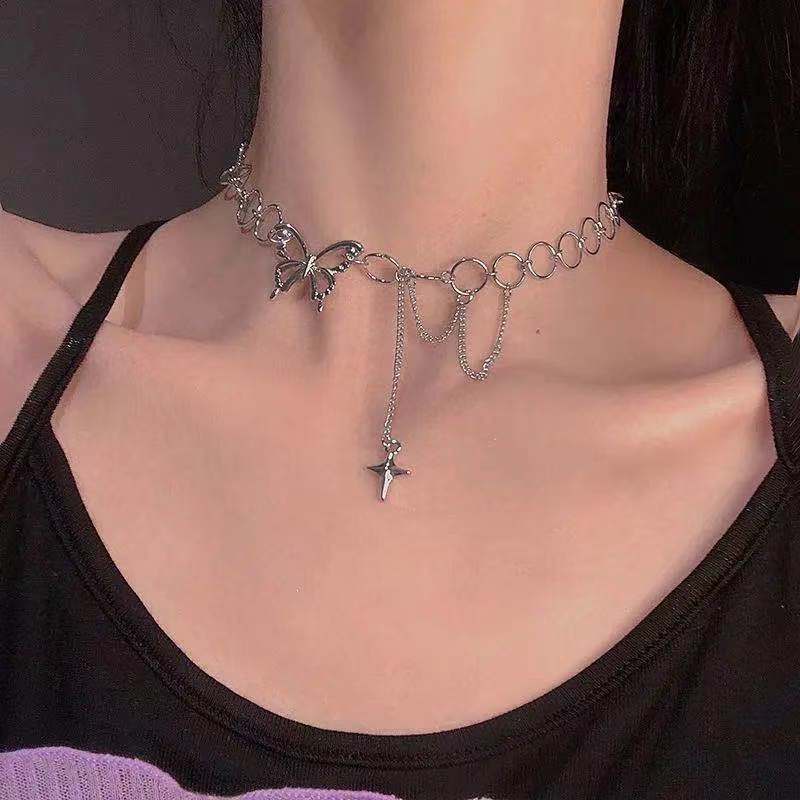 Kalung Bentuk Bintang | Butterfly Kalung Rantai Klavikula Desain Kupu-Kupu | Kalung Bentuk Lingkaran | Aksesoris Wanita | Sendok Garpu Bahan Stainless Steel | Bahan Titanium Steel