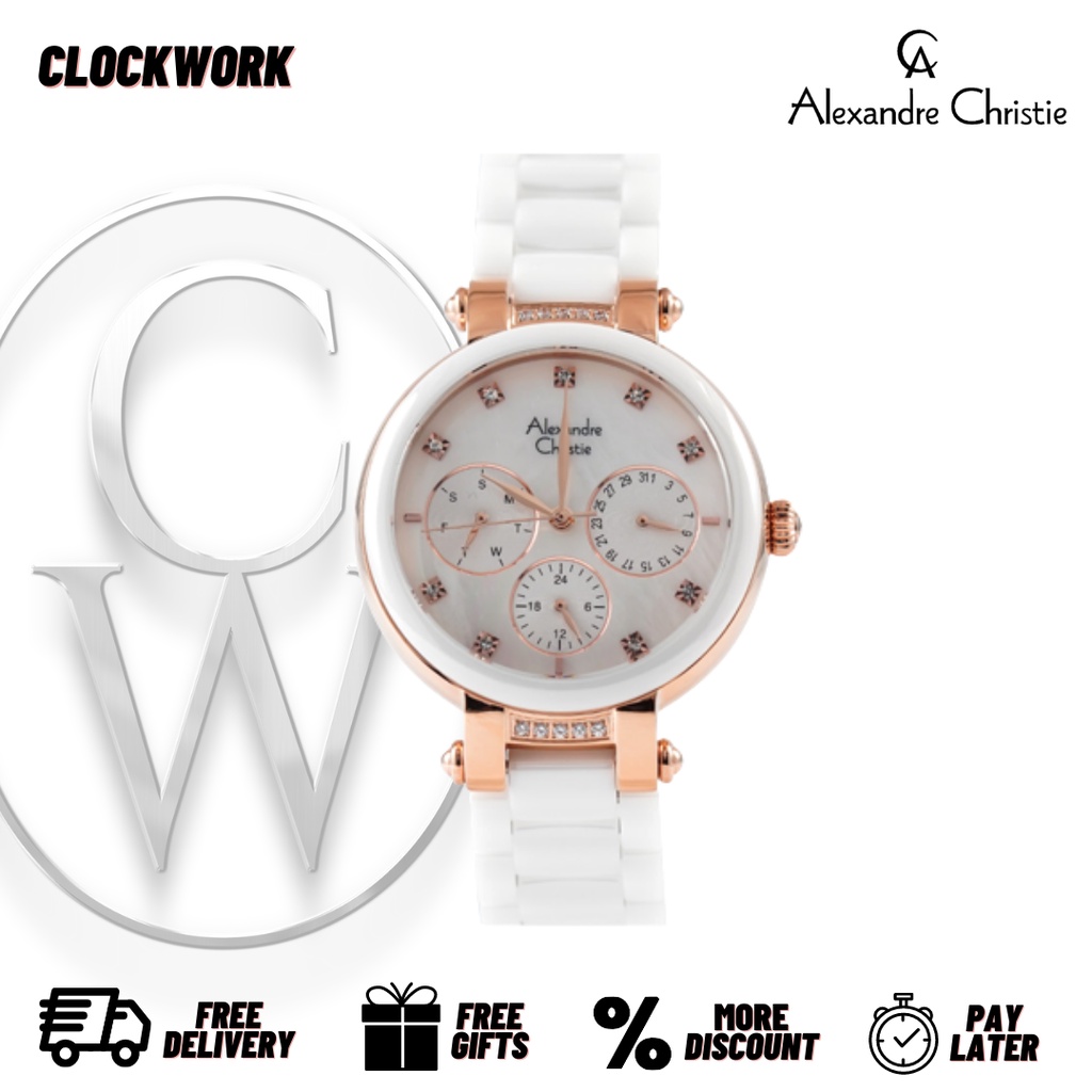 Jam Tangan Alexandre Christie AC 2376 BFBRGSL Wanita Keramik Multifungsi Rosegold Putih