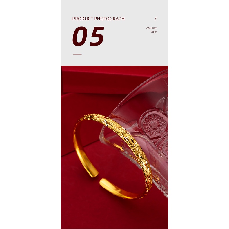 Goldkingdom Perhiasan Fashion Emas Asli Kadar 375Bangkok Aksesoris Ready Stock Lapis Emas Retro 6n Full Bintang Gelang Permukaan Halus Push-pull Minimalis Gelang Wanita