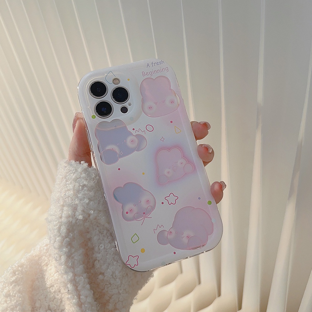 IPHONE Laser Pink Kelinci Bunny Pelindung Lensa Kamera Ponsel Soft TPU Case Cover Untuk Iphone11 12 13 14 PLUS PRO MAX Lucu Shell