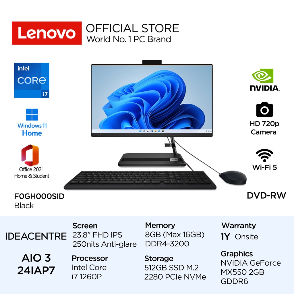 Lenovo PC IdeaCentre AIO 3i 24IAP7 Intel Core i7-1260P Win11 8GB 512GB SSD 23.8 FHD IPS NVIDIA GeFor