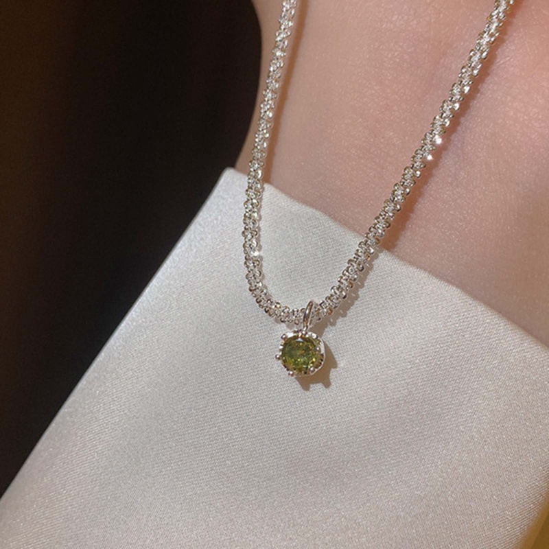 Vintage925 Sterling Silver Kalung Berkilau Klavikula Rantai Berlian Hijau Gypsophila Liontin Kalung Perhiasan Pernikahan Wanita