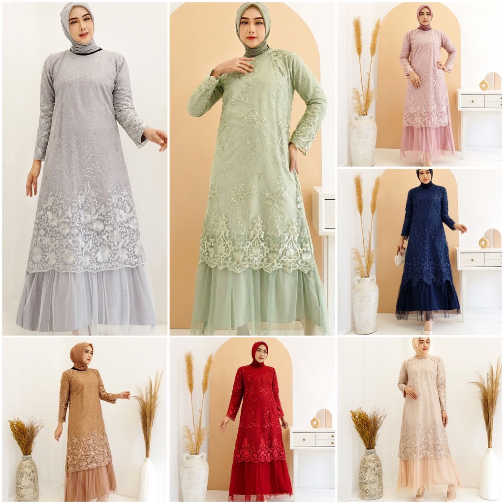 Gamis Arini Full Brukat Tile Bordir Mutiara Glitter Tulle Brokat Maxi Dress Pesta Mewah Kondangan Gamis Pesta