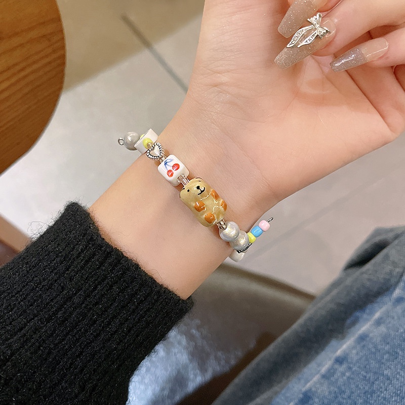 YEEZII Gelang Batu Porselen Kartun Resin Beruang Hati Rantai Bracelets Untuk Aksesoris Perhiasan Wanita