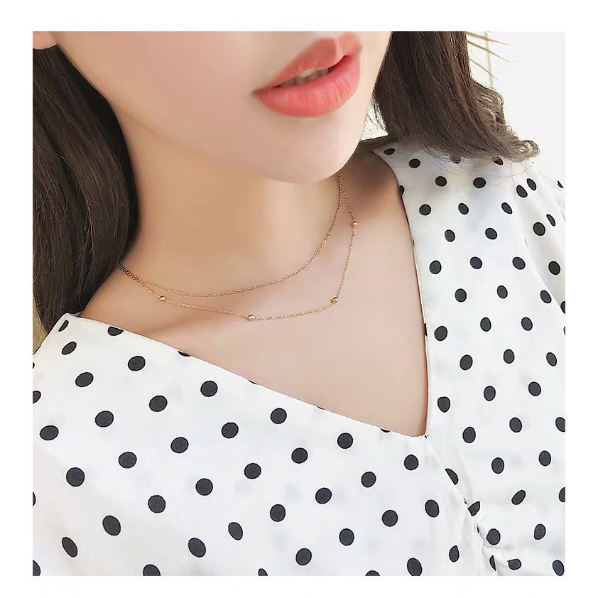 Kalung Rantai Pendek Dengan Liontin Manik-Manik Bulat Kecil Untuk Wanita | Kalung Double Layer Untuk Wanita | Aksesoris Bahan Titanium Steel 18k Warna Rose Gold | Perhiasan Bahan Stainless Steel Untuk Hadiah