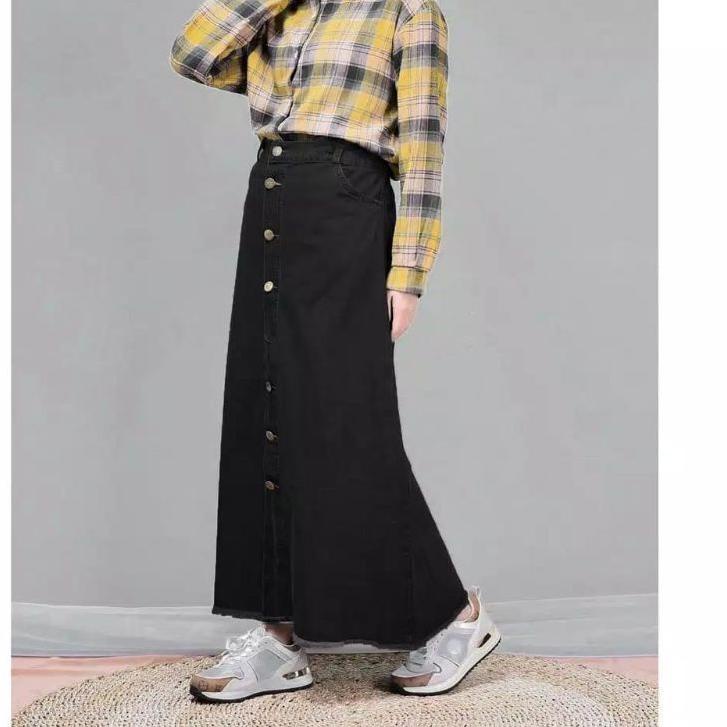 Rok Panjang Kancing Jeans Span Rok button Maxi skirt Denim Rok Jins Wanita Cewek 
