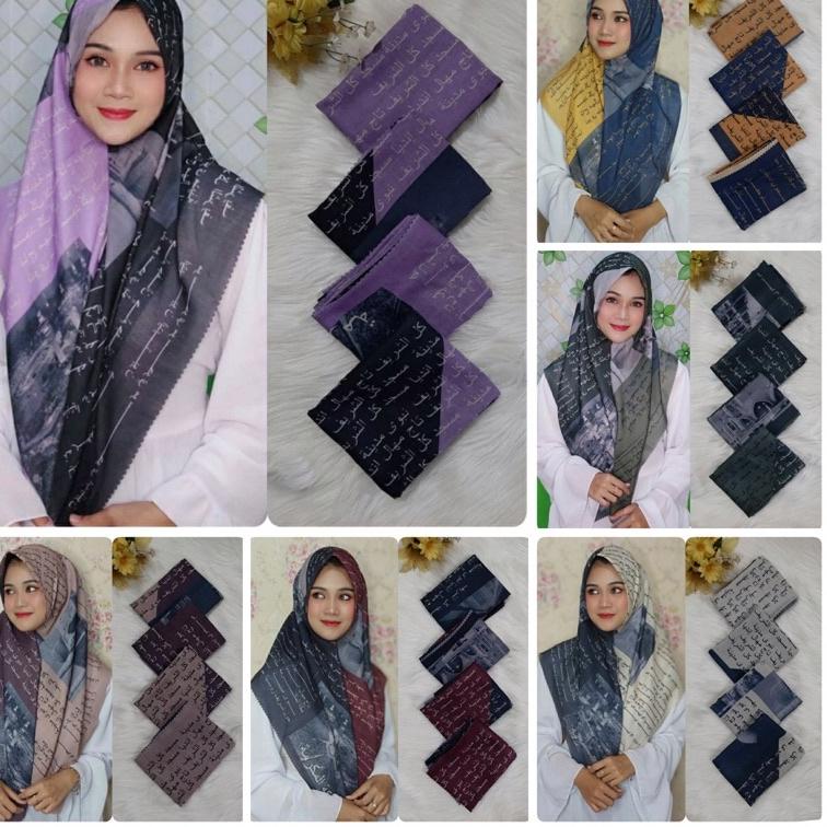 Hot Sale Hijab Segi Empat Voal Premium Motif Arabic font - Kerudung Segiempat printing koran arab