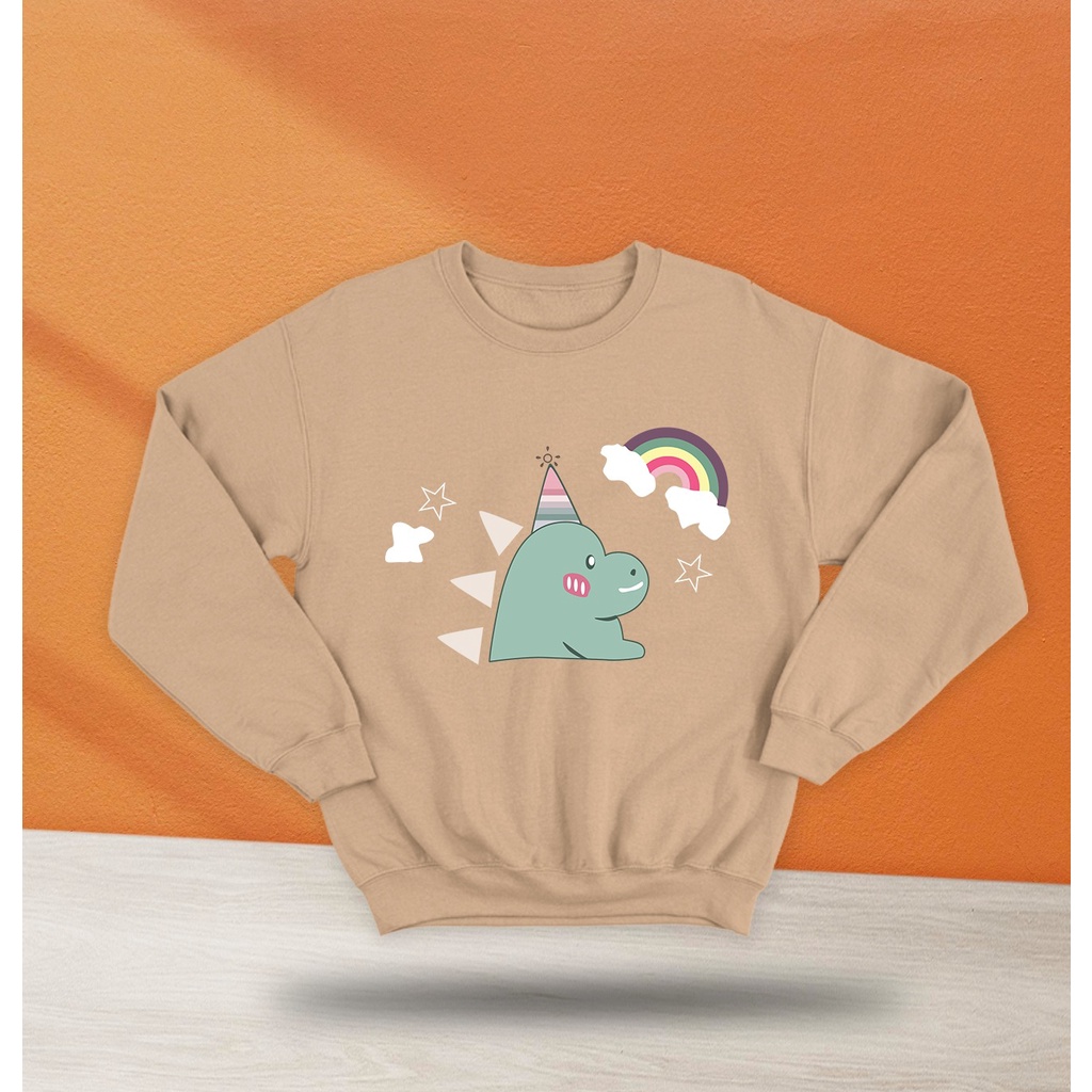 SWEATER CREWNECK CUTE DINO WITH RAINBOW SWEATSHIRT WANITA ONE SIZE FIT L  - SWEATER HALUS KEKINIAN PREMIUM