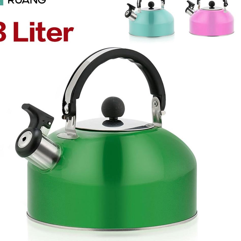 ✤ 3 Liter Teko Stainless Steel Ceret Teko | Ceret Siul | Teko Siul | Hijau | Biru | Merah Jambu ➢