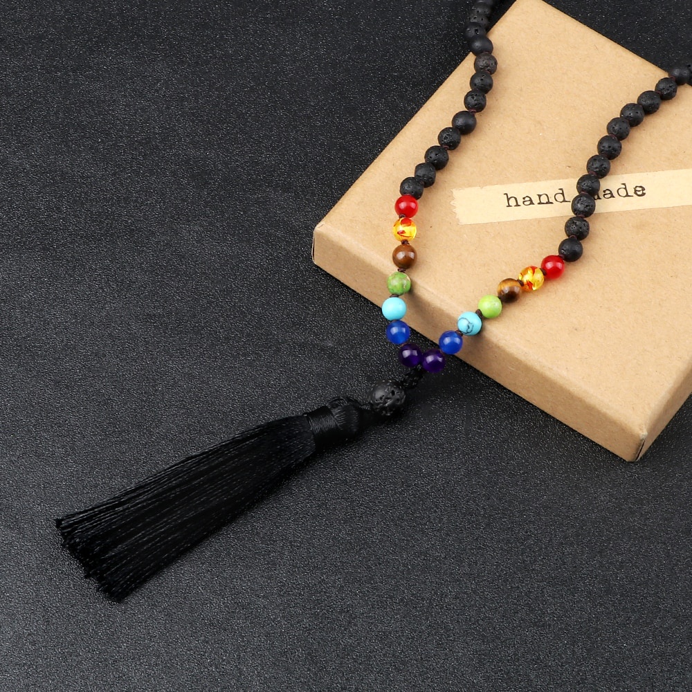 Japamala Natural Lava Stone 108 Mala 7 Chakra Beads Necklace Reiki 6mm