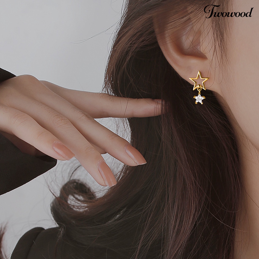 Twowood 1pasang Ear Studs Rantai Bintang Berongga Rumbai Tidak Teratur Warna Emas/Perak Cubic Zirconia Tertanam Bintang Drop Anting-Anting Perhiasan Fashion