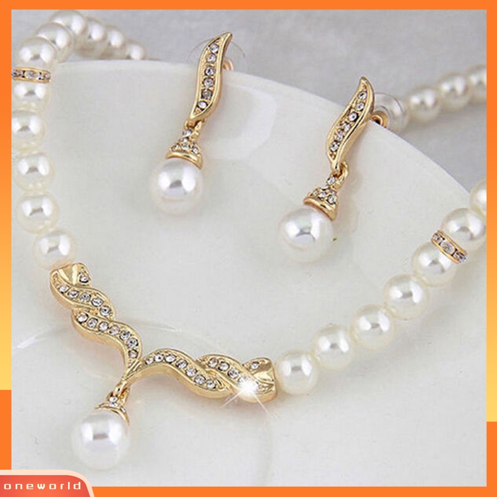 OW@ Bridal Women Necklace Faux Pearl Rhinestone Charms Wedding Earrings Jewelry Set