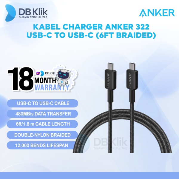 Kabel Charger Anker 322 USB-C to USB-C (6ft Braided) - ANKER A81F6