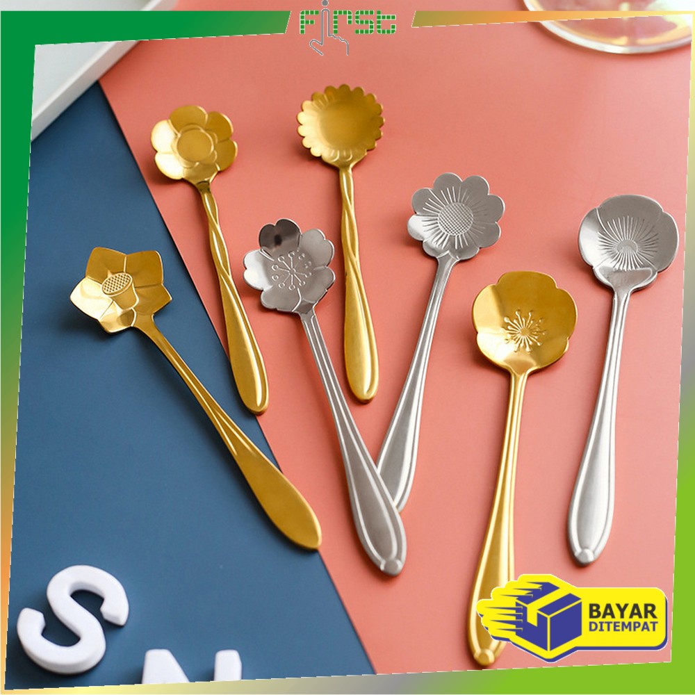 FH-C766 Sendok Korea Teh Kopi Kecil Stainless Steel Motif Love Elegant Warna Gold / Sendok Bunga Emas Spoon Dessert Import