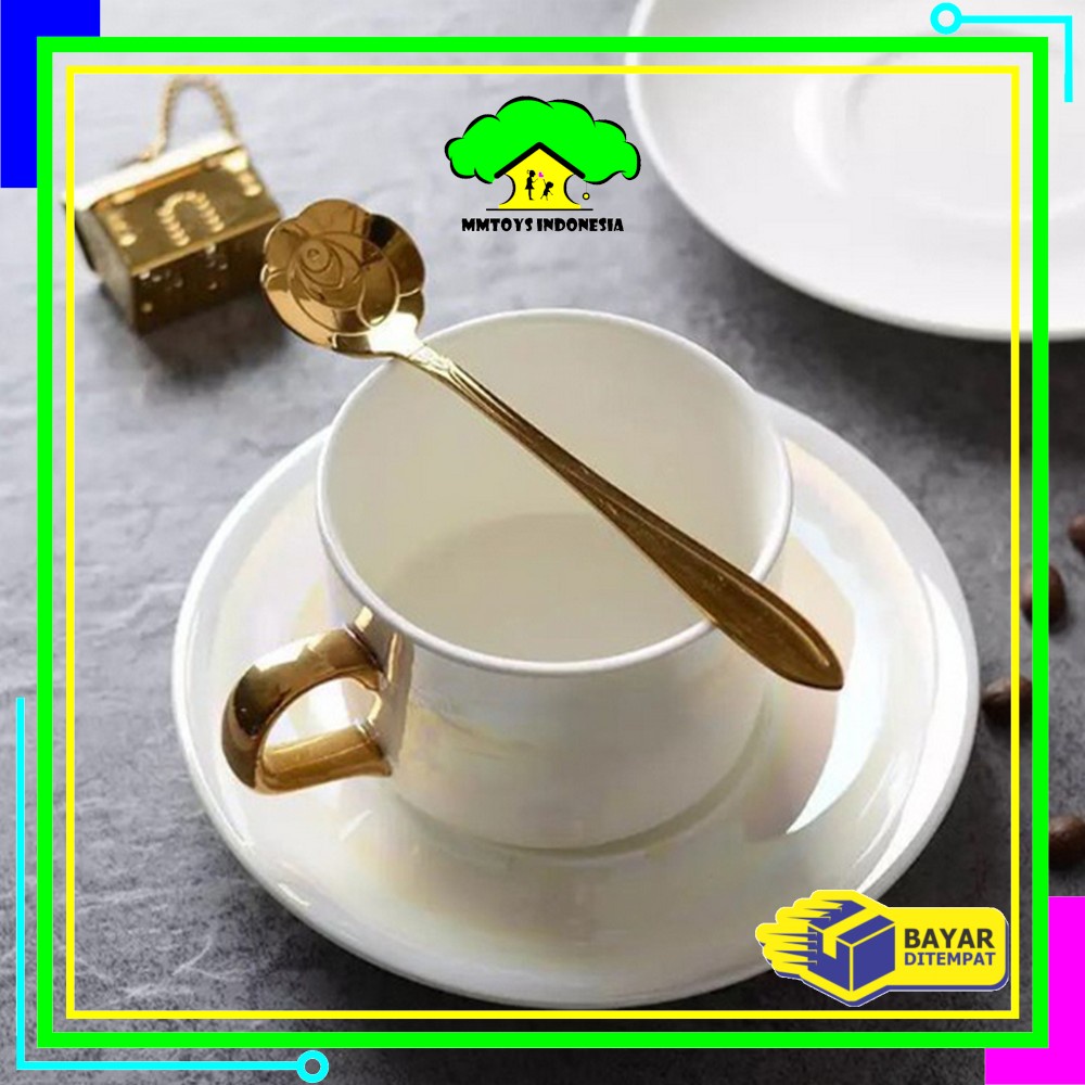 MI-C766 Sendok Korea Teh Kopi Kecil Stainless Steel Motif Love Elegant Warna Gold / Sendok Bunga Emas Spoon Dessert Import