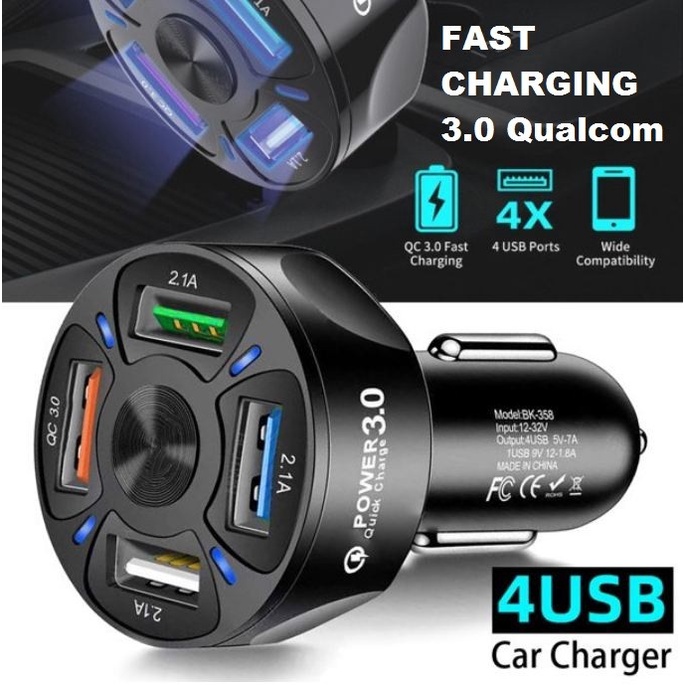 Car Charger 4 PORT fast quick charging mobil usb 4in1 slot qc 3.0 adaptor kepala