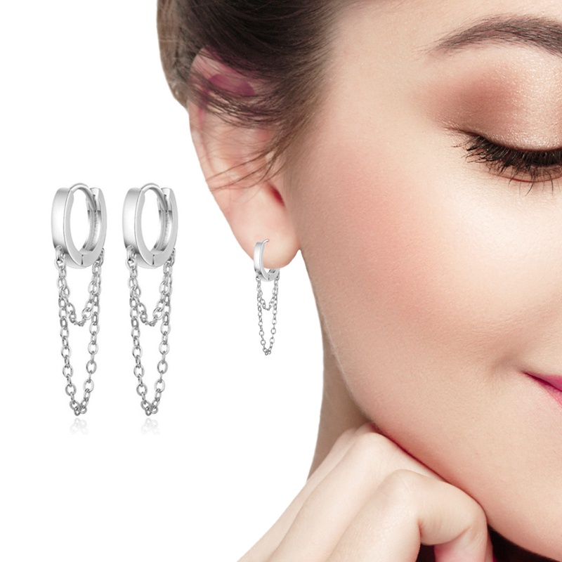 Kepribadian Fashion925 Sterling Perak Hoop Double Layer Rantai Anting Untuk Wanita Harian Kasual Pesta Punk Perhiasan Hadiah