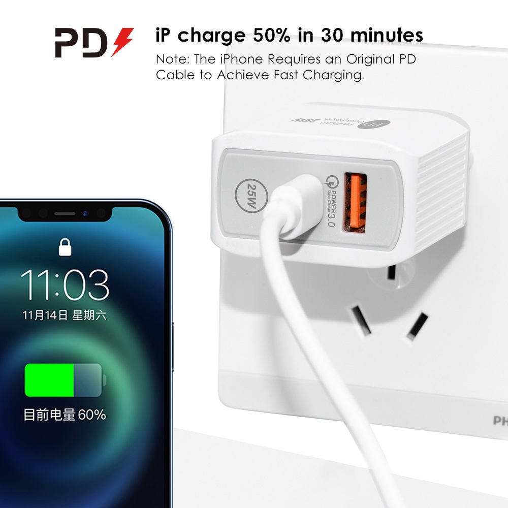 Vaorlo 25W Charger USB PD Fast Charging Port Untuk Port EU UK US QC3.0 Quick Charge