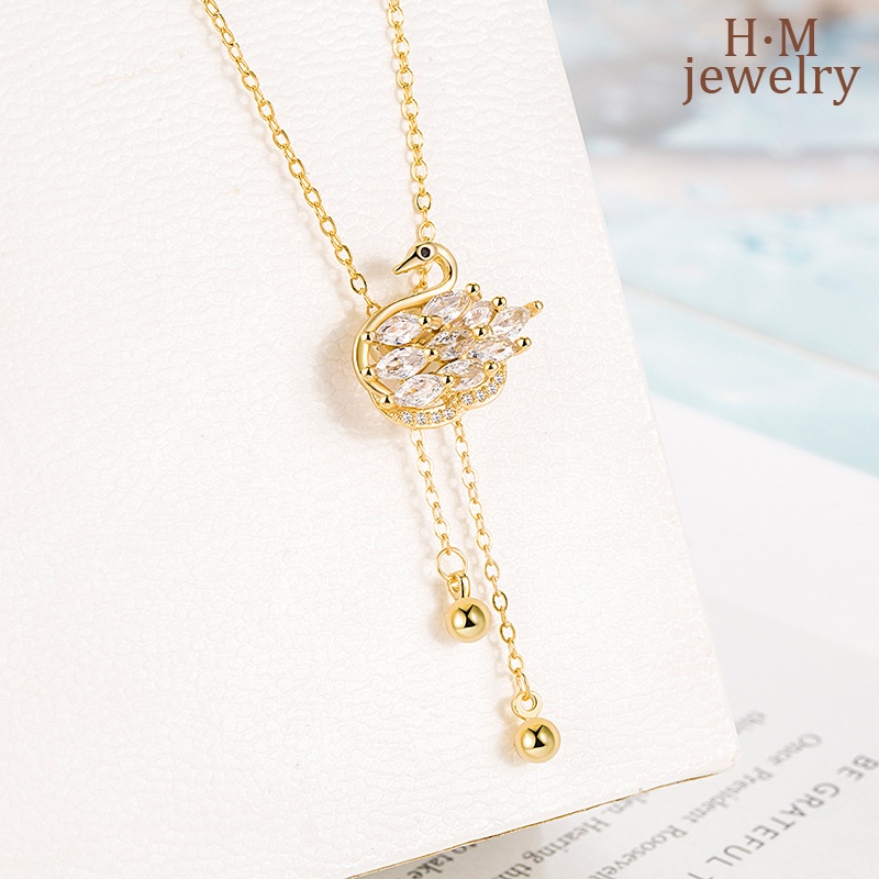 S925 Perak Disepuh Micro-Hias AAA Zirkon Swan Kalung Ditarik Adjustable Swan Pendant