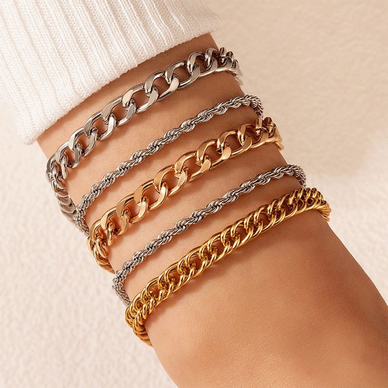 4/5pcs/set Gelang Warna Emas Stainless Steel Twist Cuban Chain Bracelet Untuk Wanita Rantai Gelang Perhiasan Hadiah Grosir Dropshipping