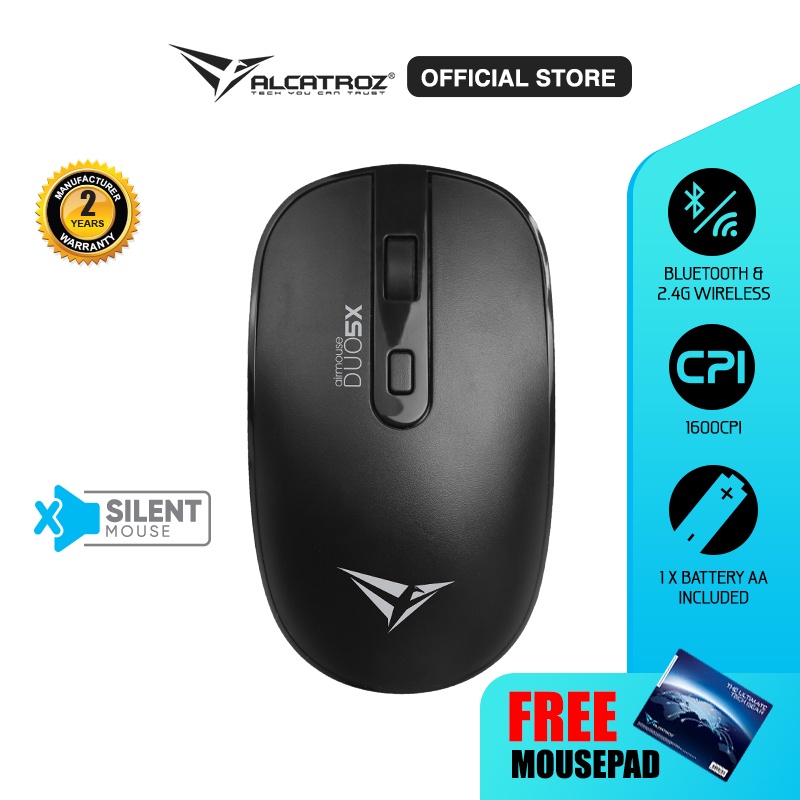 Mouse Wireless & Bluetooth 5.0 Alcatroz AirMouse Duo 5X Silent Click | 1600 CPI [ Garansi Resmi 2 Ta