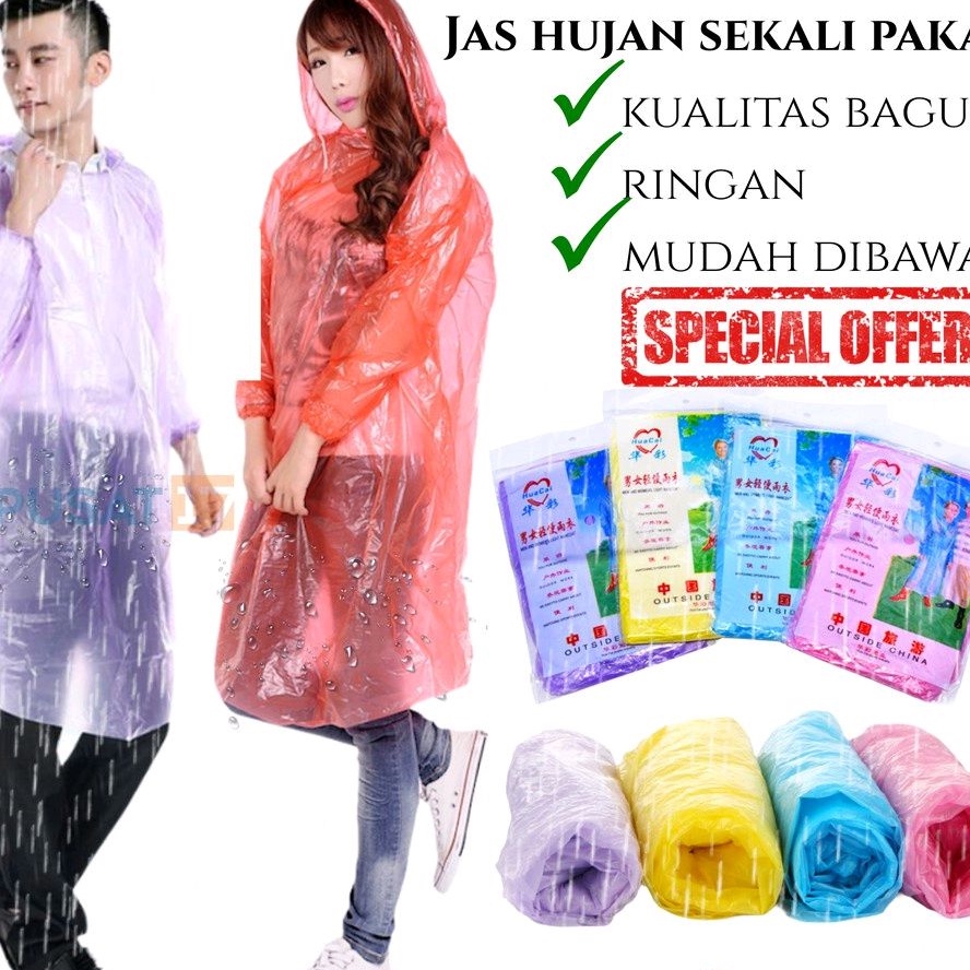 JAS HUJAN PLASTIK SEKALI PAKAI / JAS HUJAN PONCHO DISPOSABLE EMERGENCY RAINCOAT