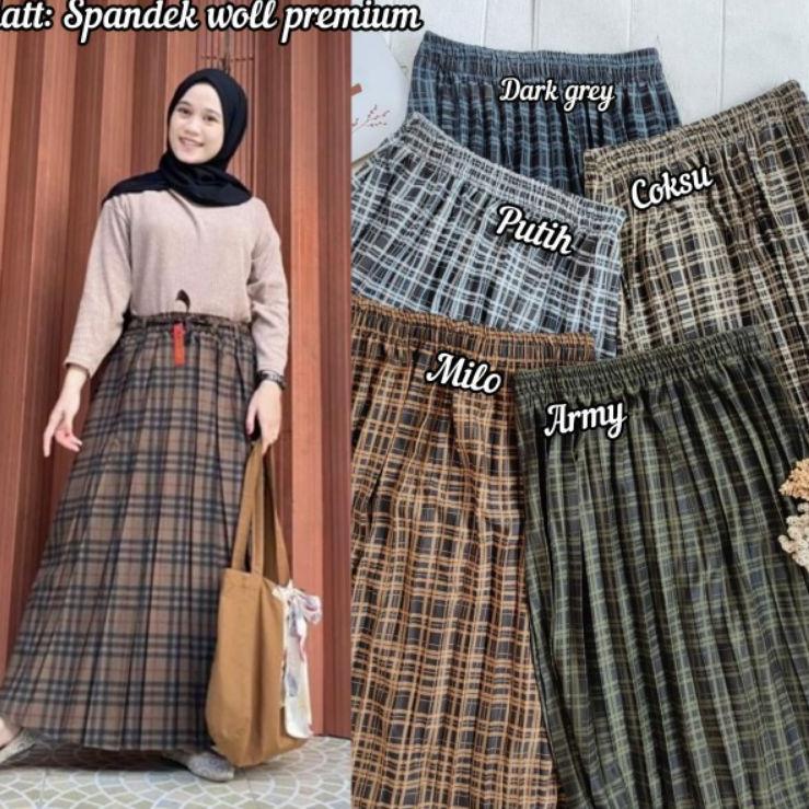 Rok plisket jumbo motif kotak tartan flanel skirt / rok panjang mayung spandek woll jumbo / rok kerj