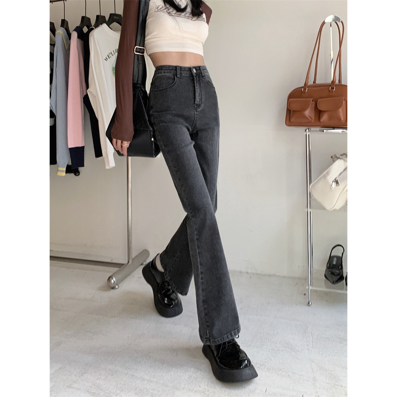 Highwaist Fashion Elastis Celana Cutbray Jeans Wanita Abu abu