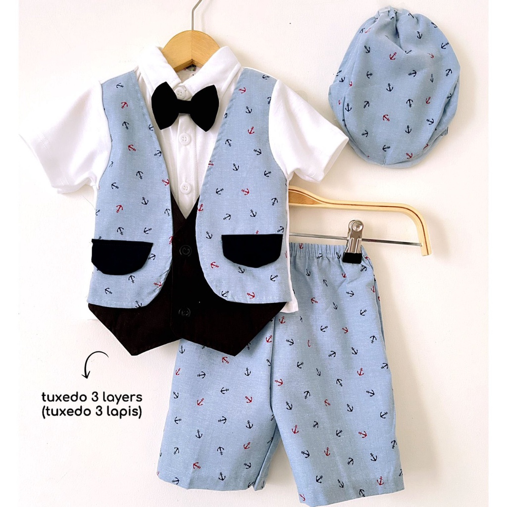 JACKSON / MEWAH 3 LAYERS JAS Tuxedo SET Baju Kemeja topi jumper celana setelan pergi jalan lucu fashion anak bayi cowok laki murah Terlaris