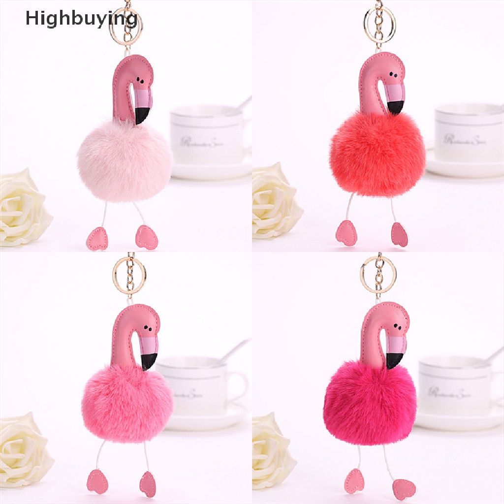 Hbid Gantungan Kunci Flamingo Fluffy Faux Rabbit Fur Ball Key Chain Wanita Gantungan Kunci Tas Mobil Glory