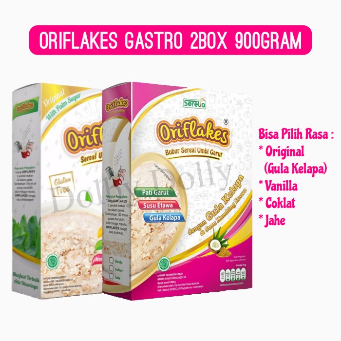 

Paket 2 BOX Oriflakes Asam Lambung 900 gram Sereal Umbi Garut 900 gram