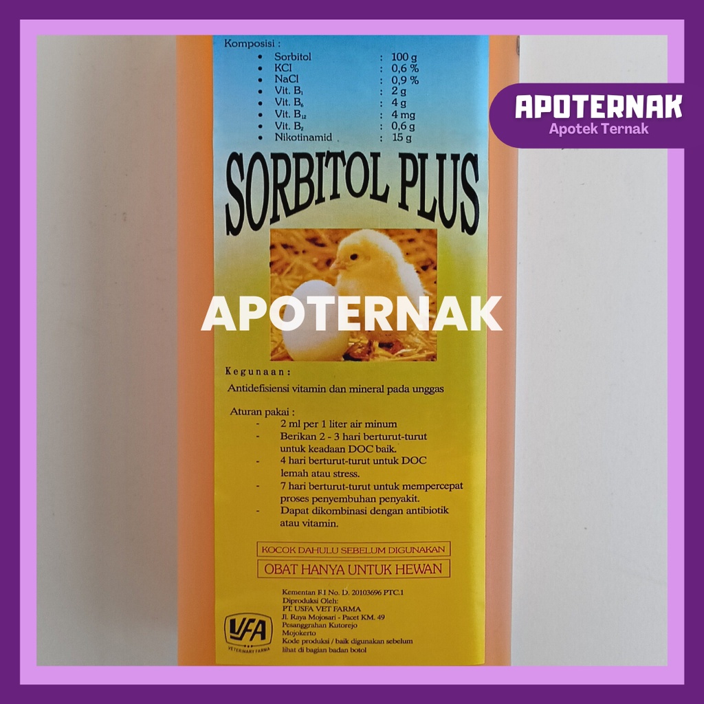 SORBITOL PLUS 1 L | multiVitamin Ayam Cairan Penganti Gula Pada Anak Ayam DOC Meningkatkan Kesehatan &amp; Pertumbuhan, Menghilangkan Stress, Mengurangi Angka Kematian DOC | USFA