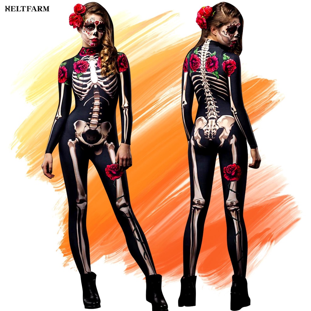Pesta Kota Hari Orang Mati Catsuit Wanita Kostum Halloween, Dia De Los Muertos