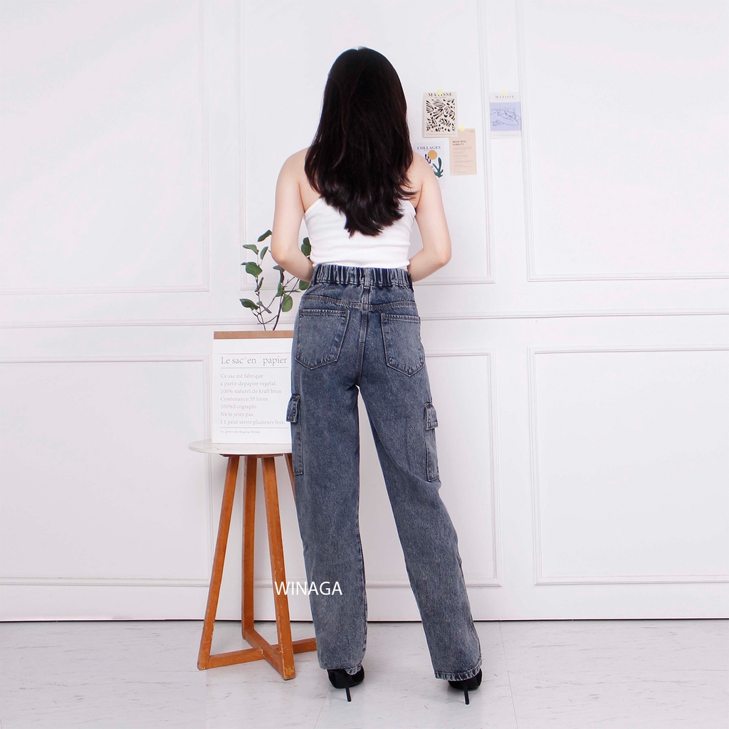WINAGA - HighWaist Cargo Wanita Jeans Pinggang Belakang Karet