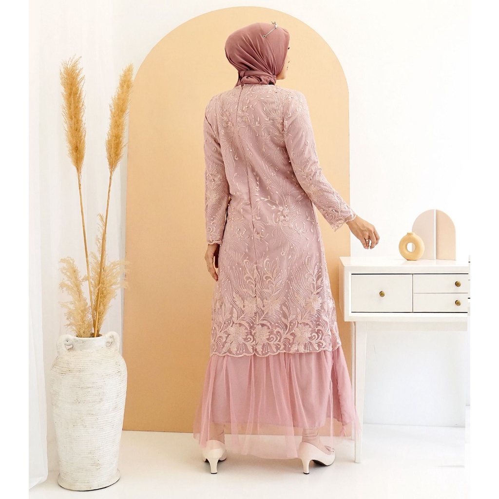 (Full Tile Brukat) Gamis Arini Full Tile Bordir Mutiara Glitter Brukat Tulle Brokat Maxi Dress Pesta