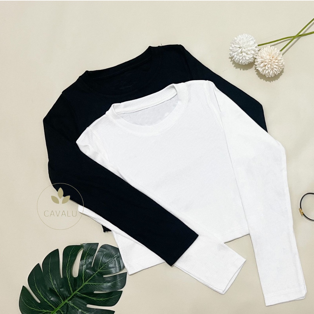 CAVALU Korean Knit Longsleeve Crop Top Lengan Panjang Rajut Kaos 175