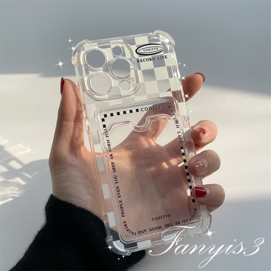 Compatible For IPhone 14 13 12 11 Pro Max X XR Xs Max 8 7 Plus SE 2020 Kompatibel Untuk Putih Kotak-Kotak Tempat Kartu Ponsel Case Bening TPU Lembut Cover Pelindung