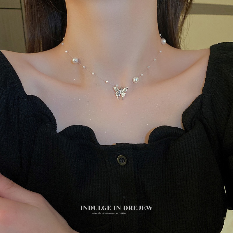 YEEZII Fashion Mutiara Kupu-Kupu Kalung Perak Choker Rantai Tulang Selangka Untuk Aksesoris Perhiasan Wanita