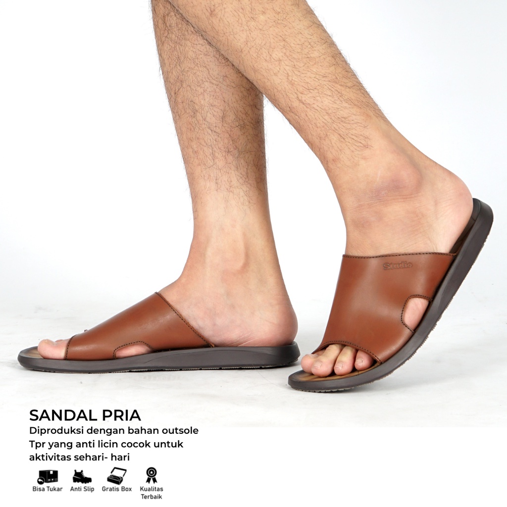 Sandal Pria Slide Sendal Kasual Kulit Hitam coklat tan tidak licin