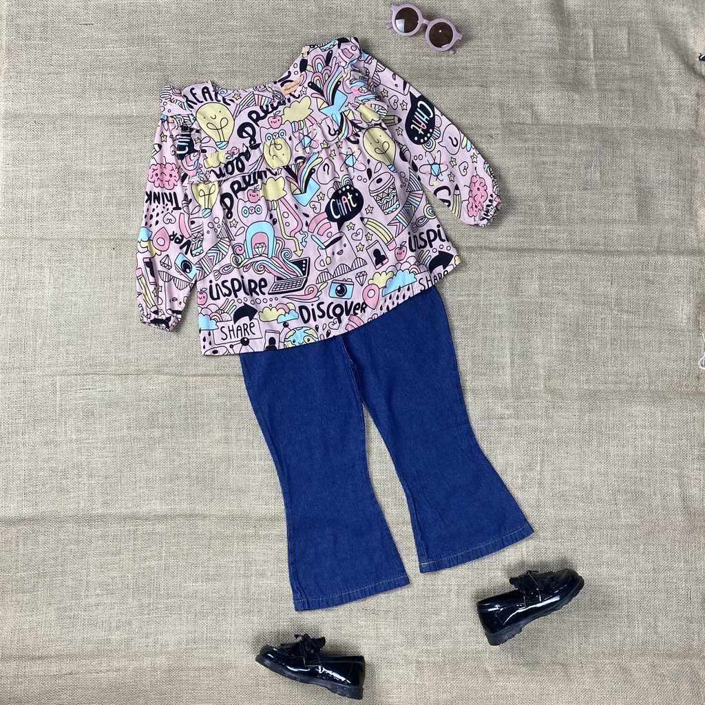 KALILA - RIBIE Setelan Baju Anak Perempuan Blouse + Celana Jeans Usia 1 - 7 Tahun