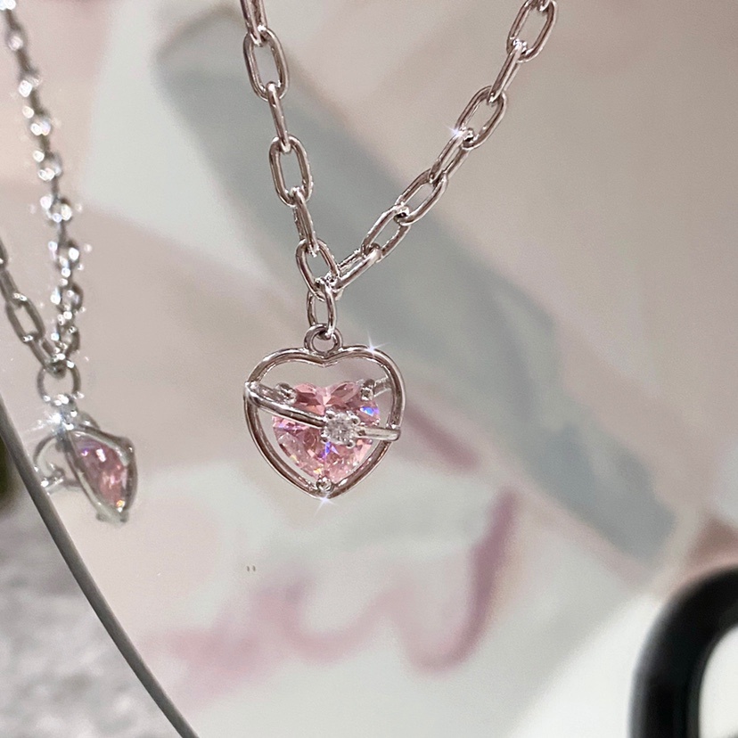 Shiny Pink Zircon Pendant Necklace Choker Untuk Wanita Fashion Berongga Perak Rantai Kalung Perhiasan Aksesoris