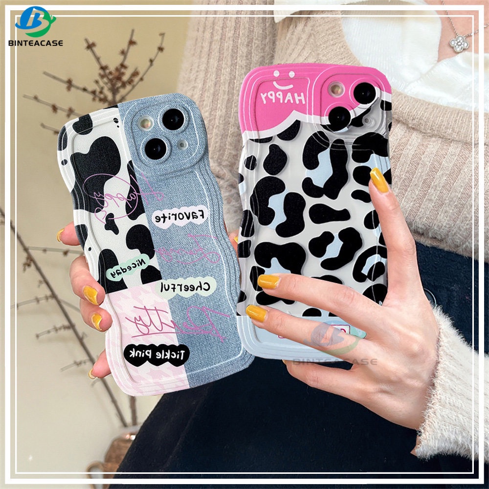 IPHONE Fashion Case Kompatibel Untuk Iphone11 13 12 14 Pro MAX iPhone7 8plus 6s Plus XR 14Plus XS MAX Denim Patch Happy Leopard Print Curved Edge TPU Phone Case Binteacase