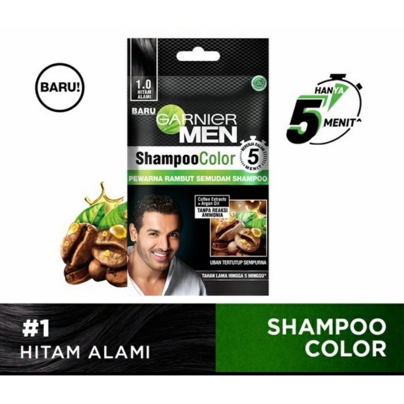 Garnier MEN Shampoo Color 1.0 HITAM ALAMI-10ml CAT RAMBUT BLACK