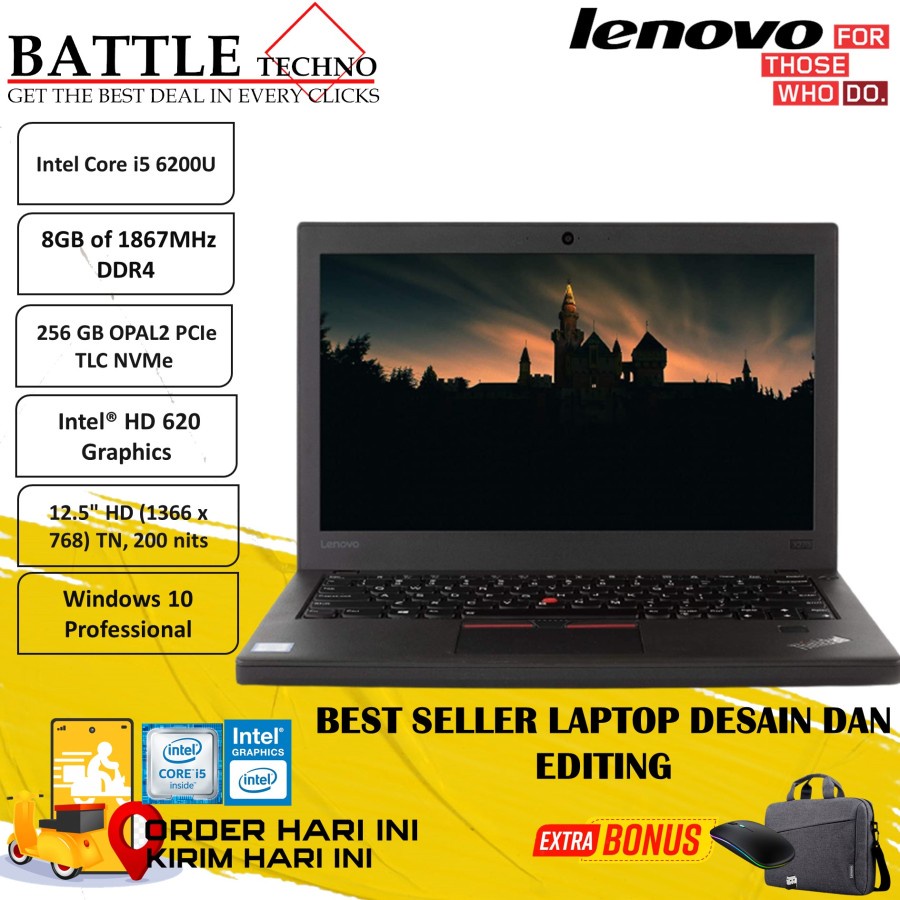 LAPTOP LENOVO THINKPAD X270 INTEL I5 6200U 8GB 256GB 12.5&quot; WIN10PRO TERMURAH