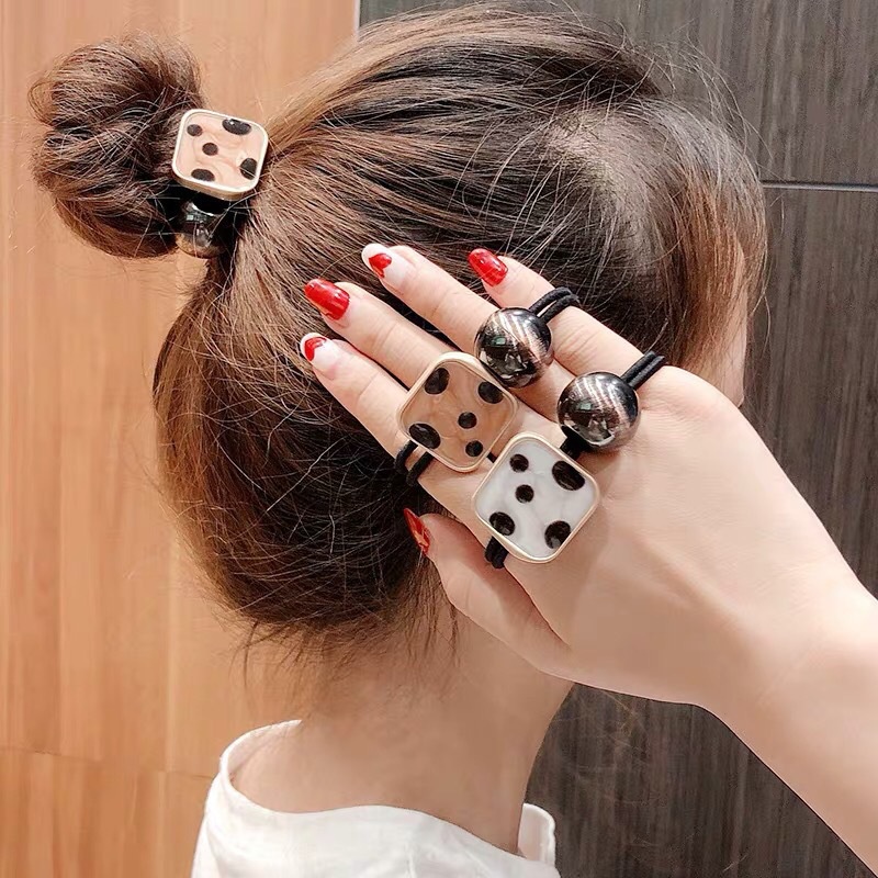 Ikat Rambut Ekor Kuda Bahan Karet Motif Polkadot Hitam Putih Gaya Jepang Korea Untuk Wanita