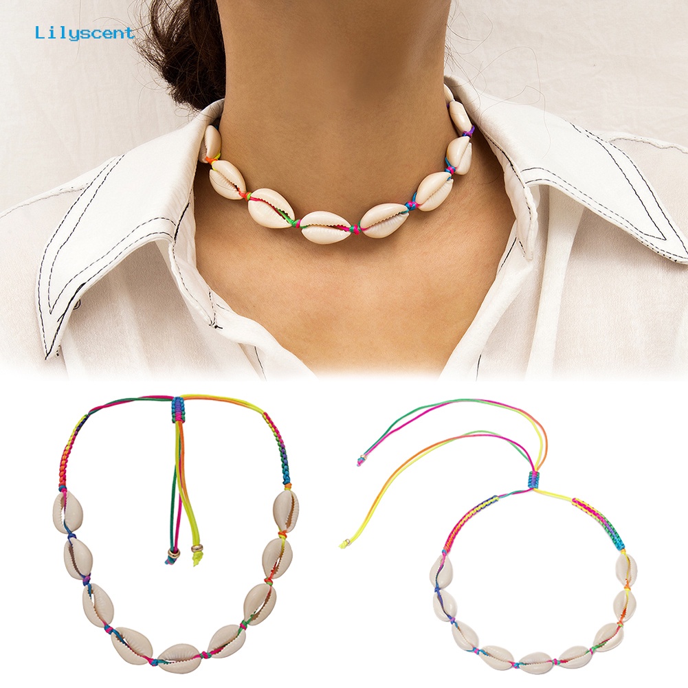 [LS] Hawai Wanita Cowrie Shell Warna-Warni Dikepang Tali Choker Adjustable Necklace