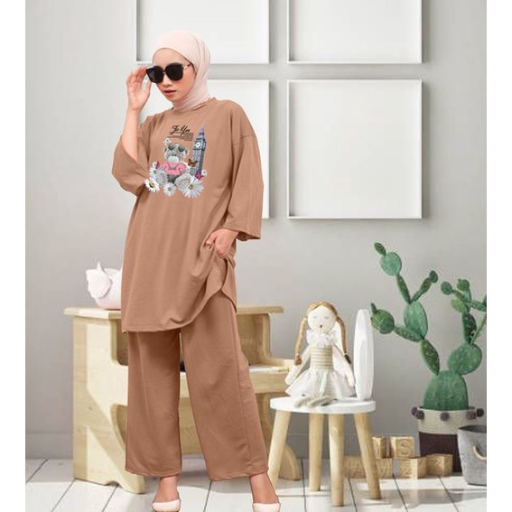 Setcel Oversize Digital Print Bear Bunga / Setelan Celana Jumbo Ld 130cm