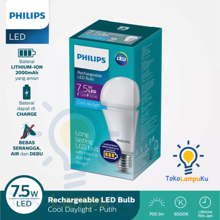 Ladar Philips Rechargeable Led Bulb 7.5W Putih Emergency Led Lamp
