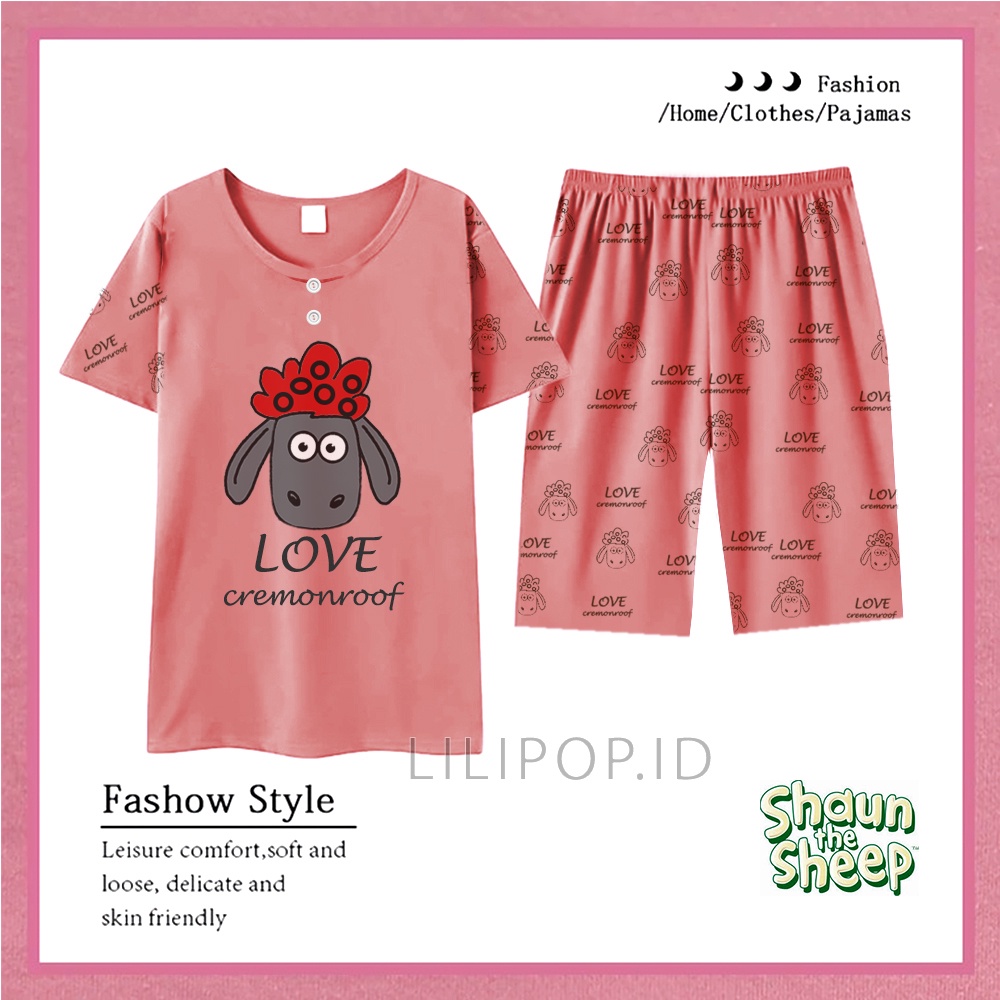 Lilipop.id  Baju Tidur Wanita SHAUN SHEP 3/4 Celana Pendek  Baby Doll Bahan Kaos